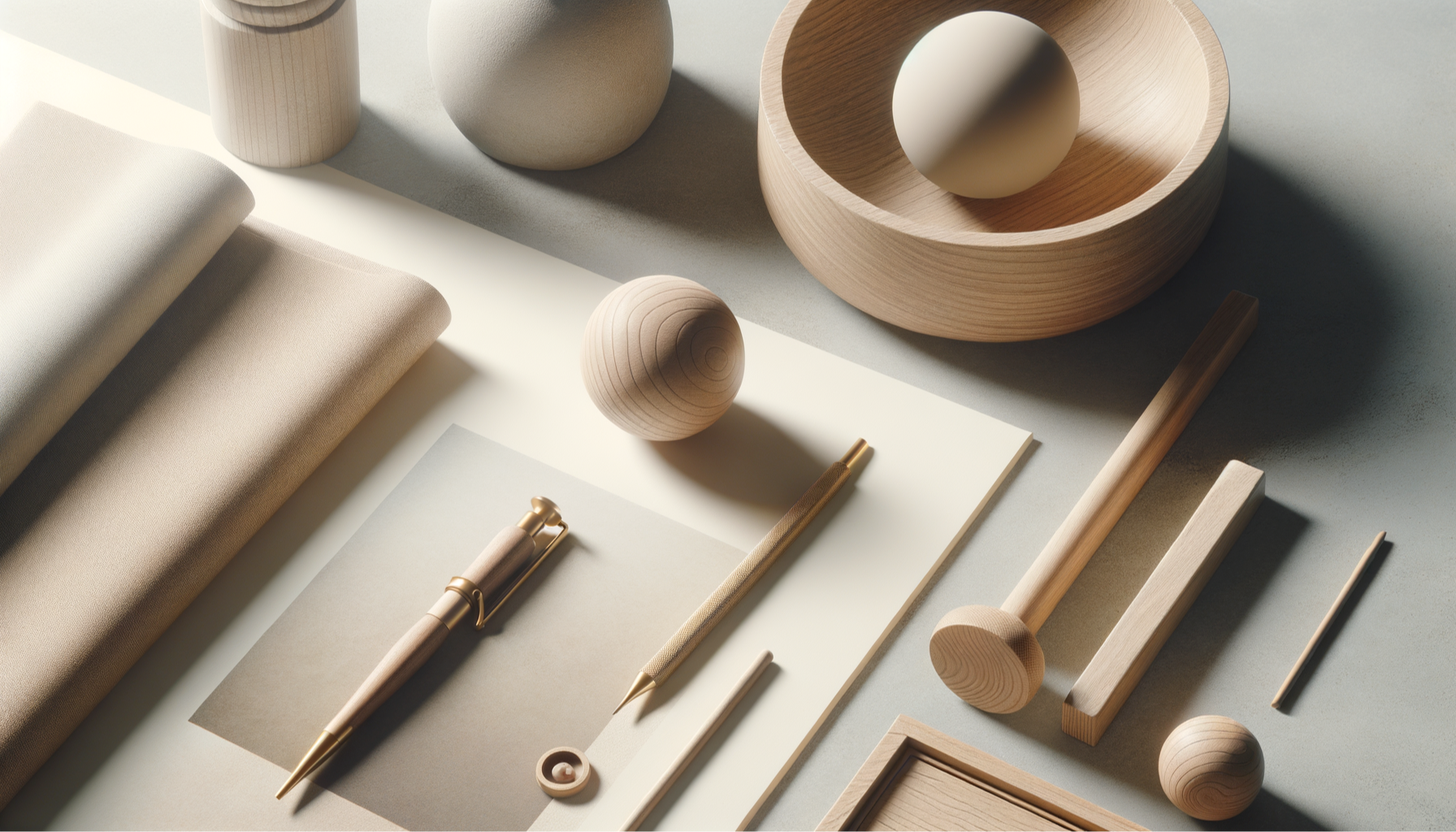 Neutral-colored stationery and decor items arranged on a light surface, including wrapped fabric, wooden spheres, a notepad, a fountain pen, a brush, and wooden bowls.