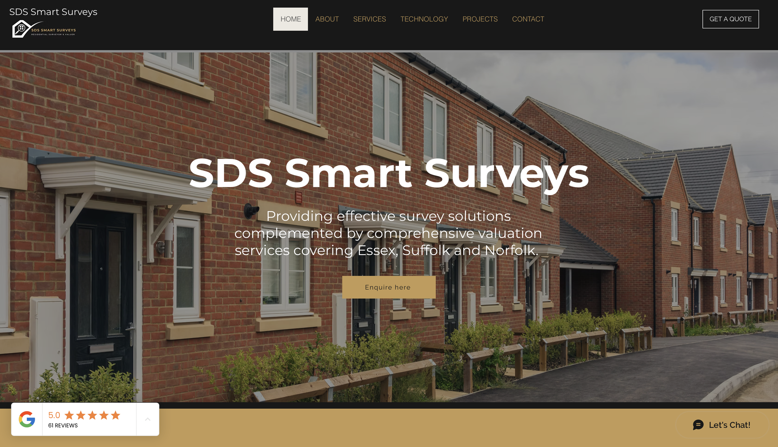 Screenshot of the SDS Smart Surveys homepage showing a row of modern red brick houses with white window frames and black doors. The website header has navigation links for Home, About, Services, Technology, Projects, Contact, and buttons for Get a Quote and a chat feature. The main text states, 'Providing effective survey solutions complemented by comprehensive valuation services covering Essex, Suffolk and Norfolk.' There is a yellow button labeled 'Enquire here' and a Google review badge showing 5-star ratings from 61 reviews.