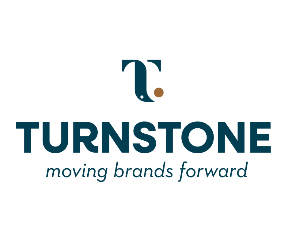 Turnstone logo with a stylized 'T' and a small circle, slogan 'moving brands forward' underneath.