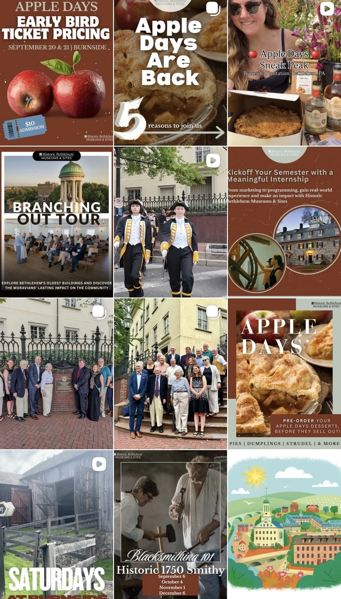 A collage of images promoting Apple Days and historic Bethlehem, with pictures of apples, baked goods, guided tours, costumed reenactors, groups of people at historical sites, and a blacksmith workshop.
