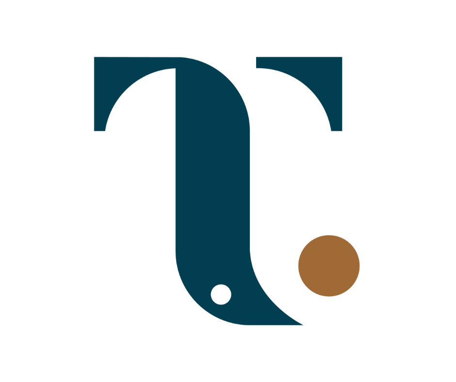 Graphic illustration of the letter 'T' with a brown circle near the bottom right.