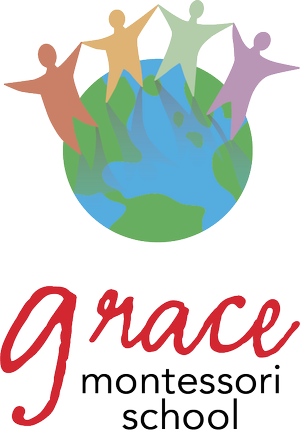 Illustration of four people holding hands around a globe with water and landmasses, representing unity and environmental care, with the text 'Grace Montessori School' beneath.