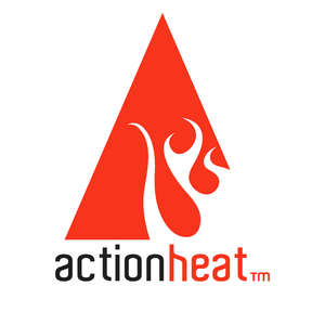 Action Heat logo featuring a red triangle with stylized flame design and black and red text.