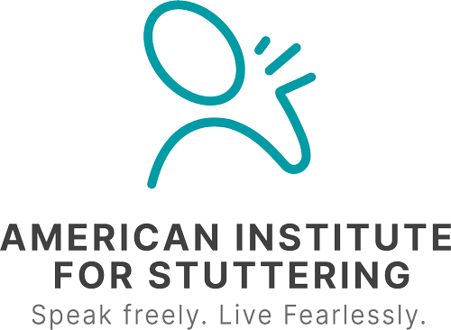 Logo of the American Institute for Stuttering with a stylized person speaking into a megaphone.