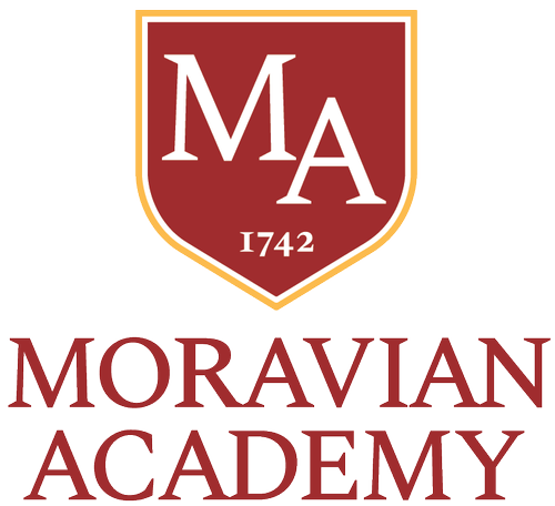 Moravian Academy logo featuring a shield with 'MA 1742' and the name below in maroon and gold colors.