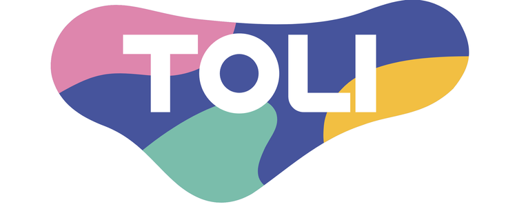Colorful logo with the word "TOLI" in white text against a multicolored abstract background