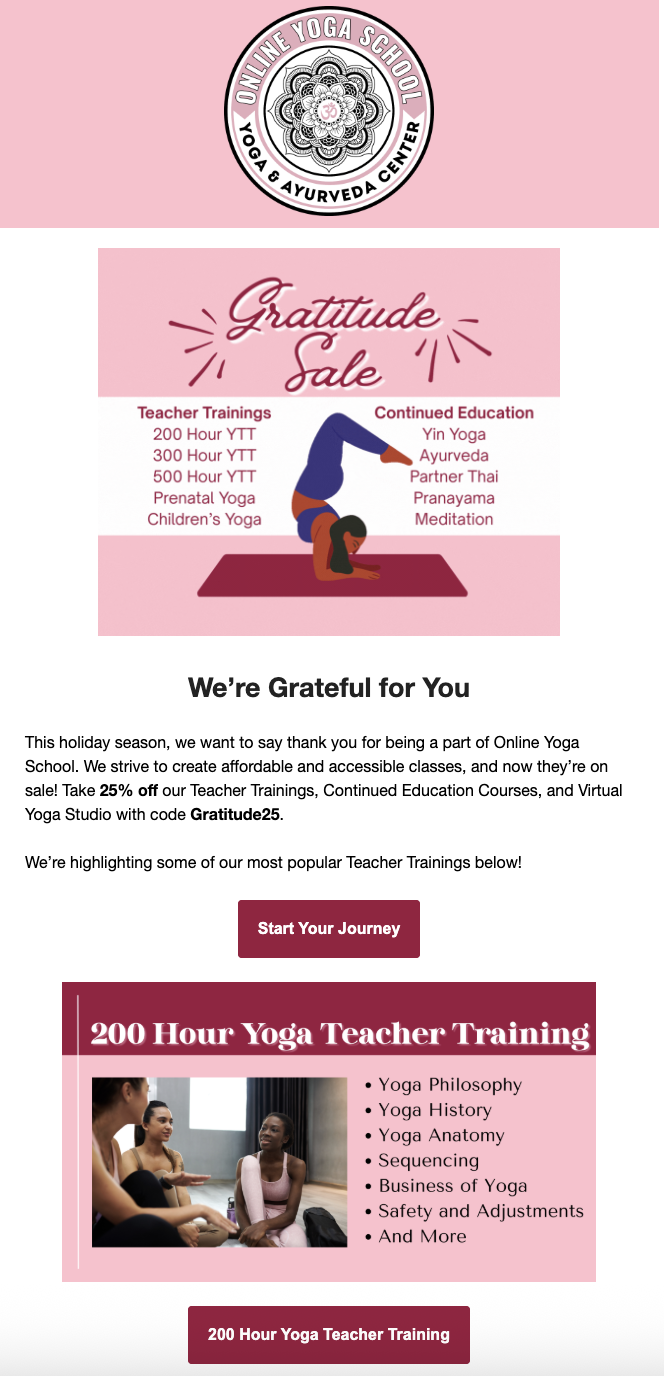 Promotional flyer for Online Yoga School offering gratitude sale and teacher training courses, featuring a yoga pose illustration, logo, and text about course details and discounts.