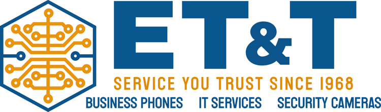 ET&T company logo with text 'Service You Trust Since 1968', and mentions of business phones, IT services, and security cameras.