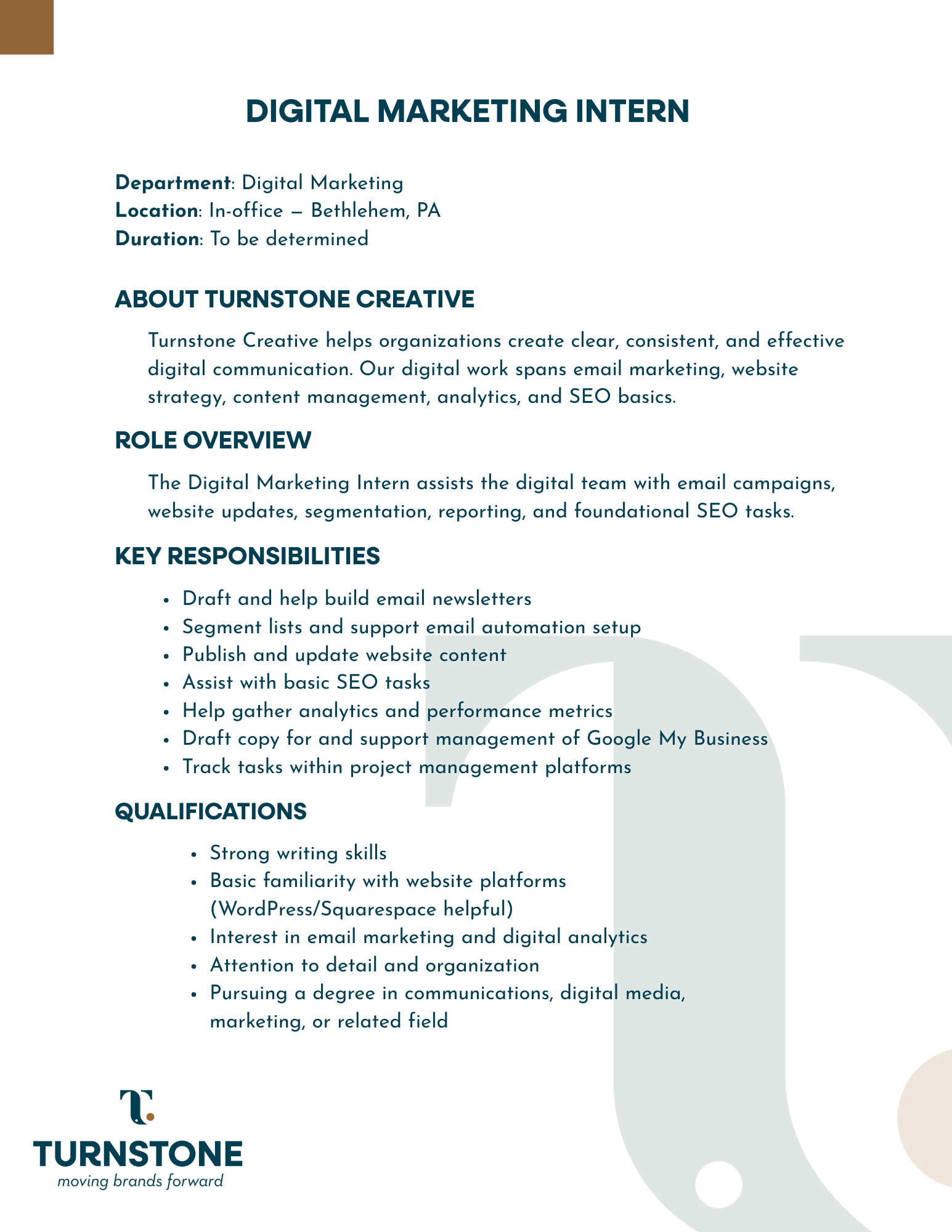 Job posting for a Digital Marketing Intern at Turnstone Creative with details about responsibilities, qualifications, and company information.