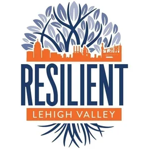 A graphic logo featuring an orange city skyline and a blue tree with prominent branches. Below, bold navy text reads 'RESILIENT', with an orange banner underneath displaying 'LEHIGH VALLEY' in white letters.