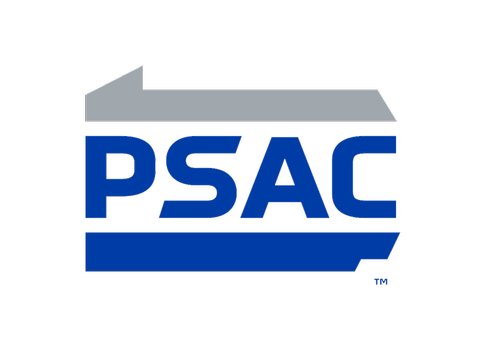 The PSAC logo featuring a stylized arrow and blue text on a black background.