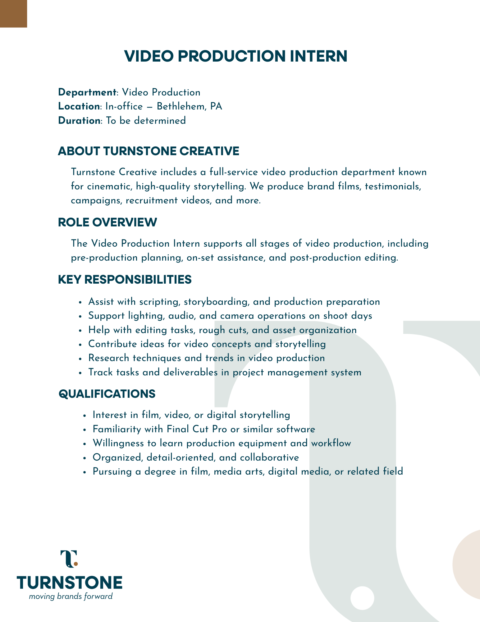 Job posting for a Video Production Intern at Turnstone Creative, based in Bethlehem, PA.