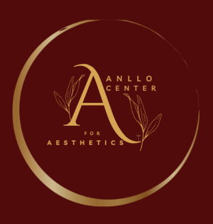 Logo for Anllo Center for Aesthetics with a gold letter A and leaves on a dark red background.