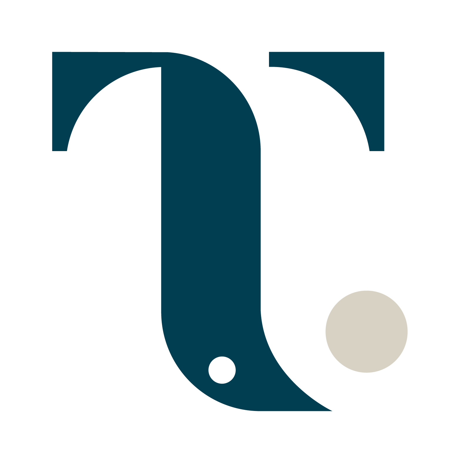 An abstract geometric design featuring a large dark teal letter 'Q' with a small dark teal circle near its bottom, and a small gray circle to the right of the letter.