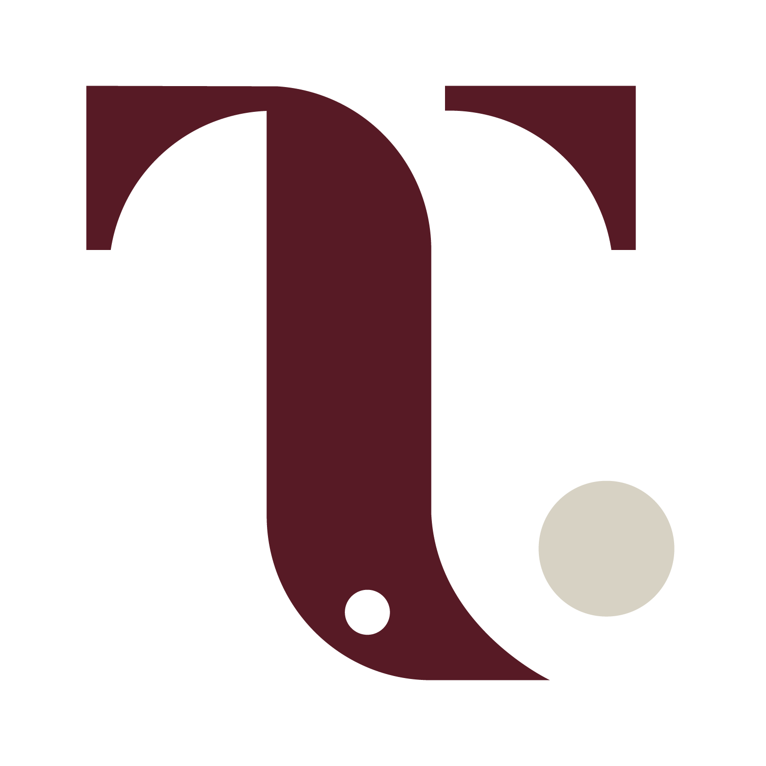 A stylized number 6 in dark red with a small black circle and a larger light gray circle on a black background.
