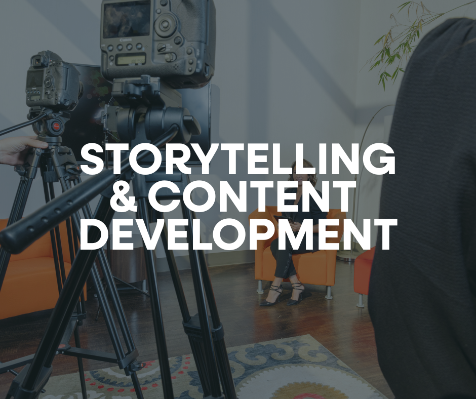 Cameras and filming equipment set up in an indoor studio or office space, with a person sitting on an orange chair in the background. Text overlay: 'Storytelling & Content Development'.
