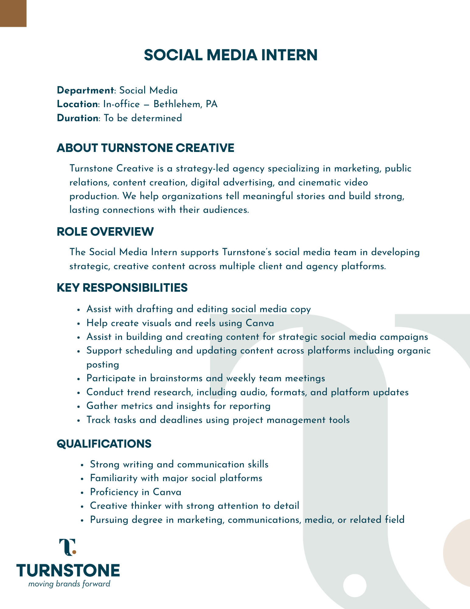 Turnstone Creative social media intern job description document with company logo and design elements.