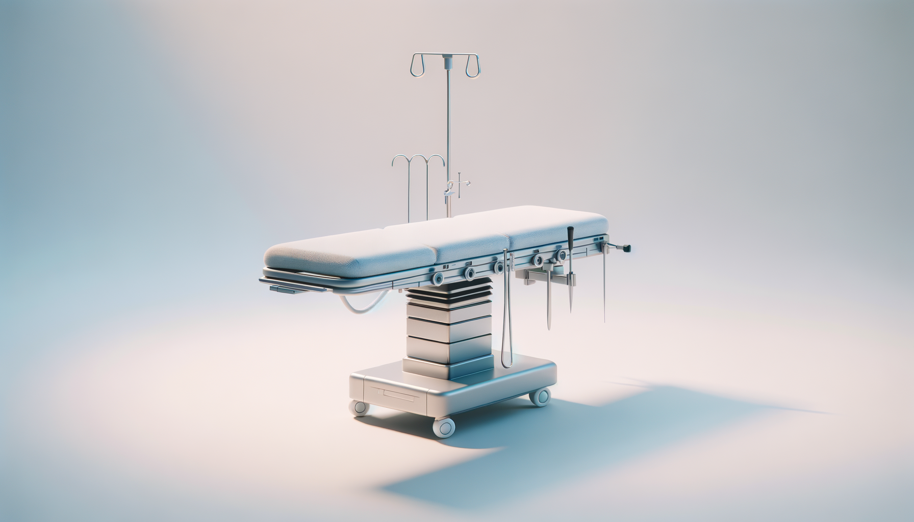 Empty hospital surgery table with medical instruments and equipment in a clinical setting.