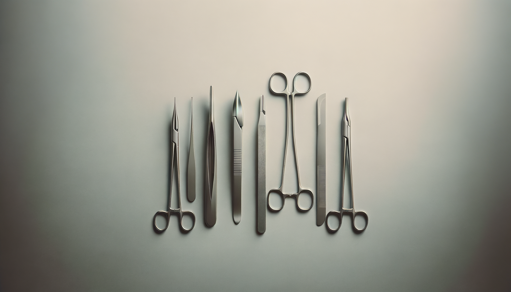 A collection of surgical tools including tweezers, a scalpel, forceps, scissors, and a ruler laid out on a flat surface.