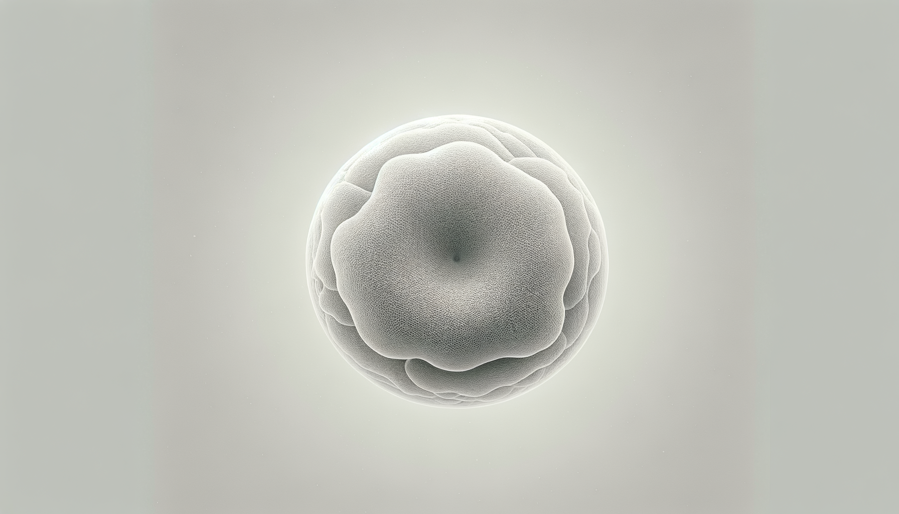 Close-up view of a human embryo at an early stage of development, showing a spherical shape with a textured surface, floating in a neutral background.