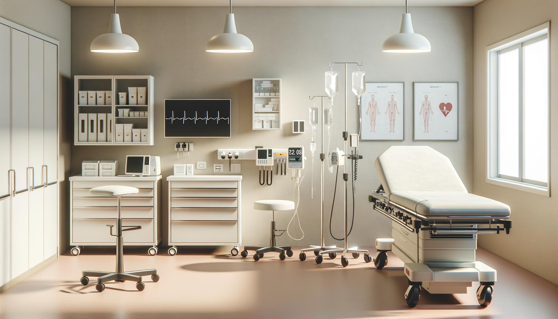 Hospital examination room with medical equipment, patient bed, and medical charts.