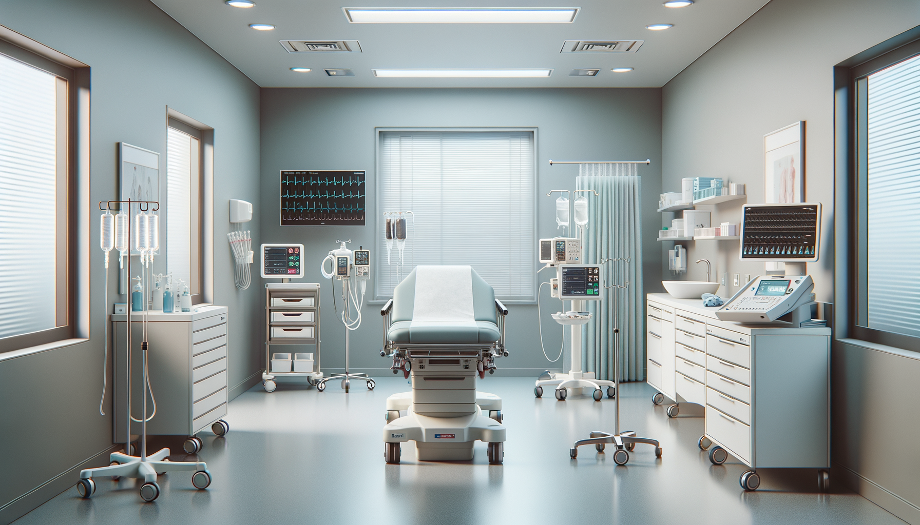 Empty hospital examination room with medical equipment, a hospital bed, IV stands, monitors, cabinets, and medical supplies.