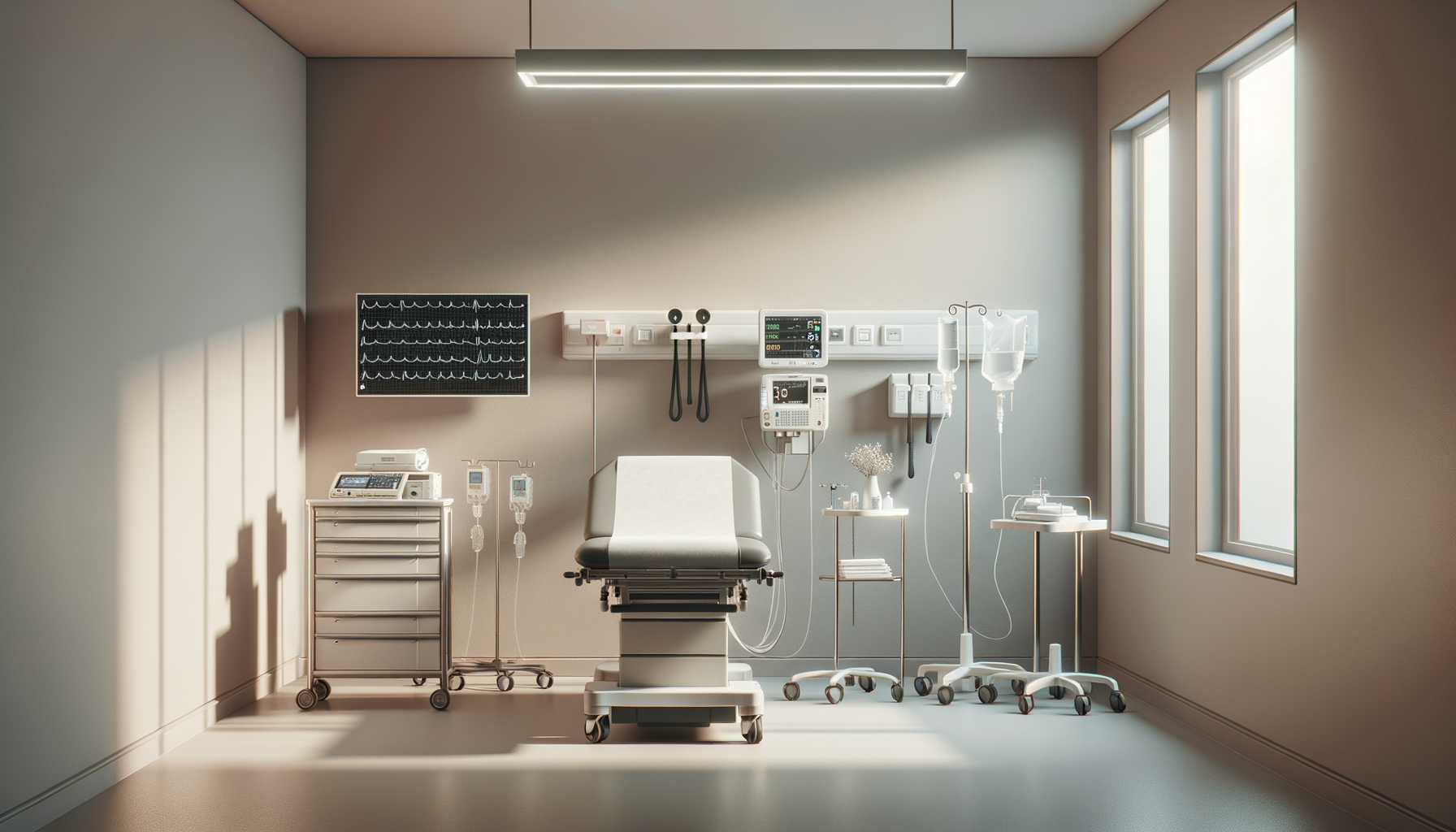 Empty hospital examination room with a medical bed, monitors, IV stands, and medical equipment, illuminated by natural light from tall windows.
