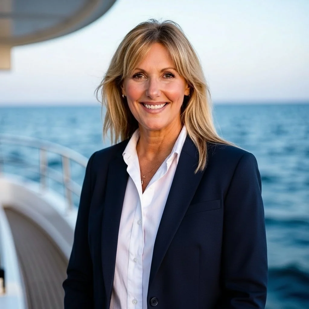 A woman in a navy blazer and white shirt smiling on a boat with the ocean in the background