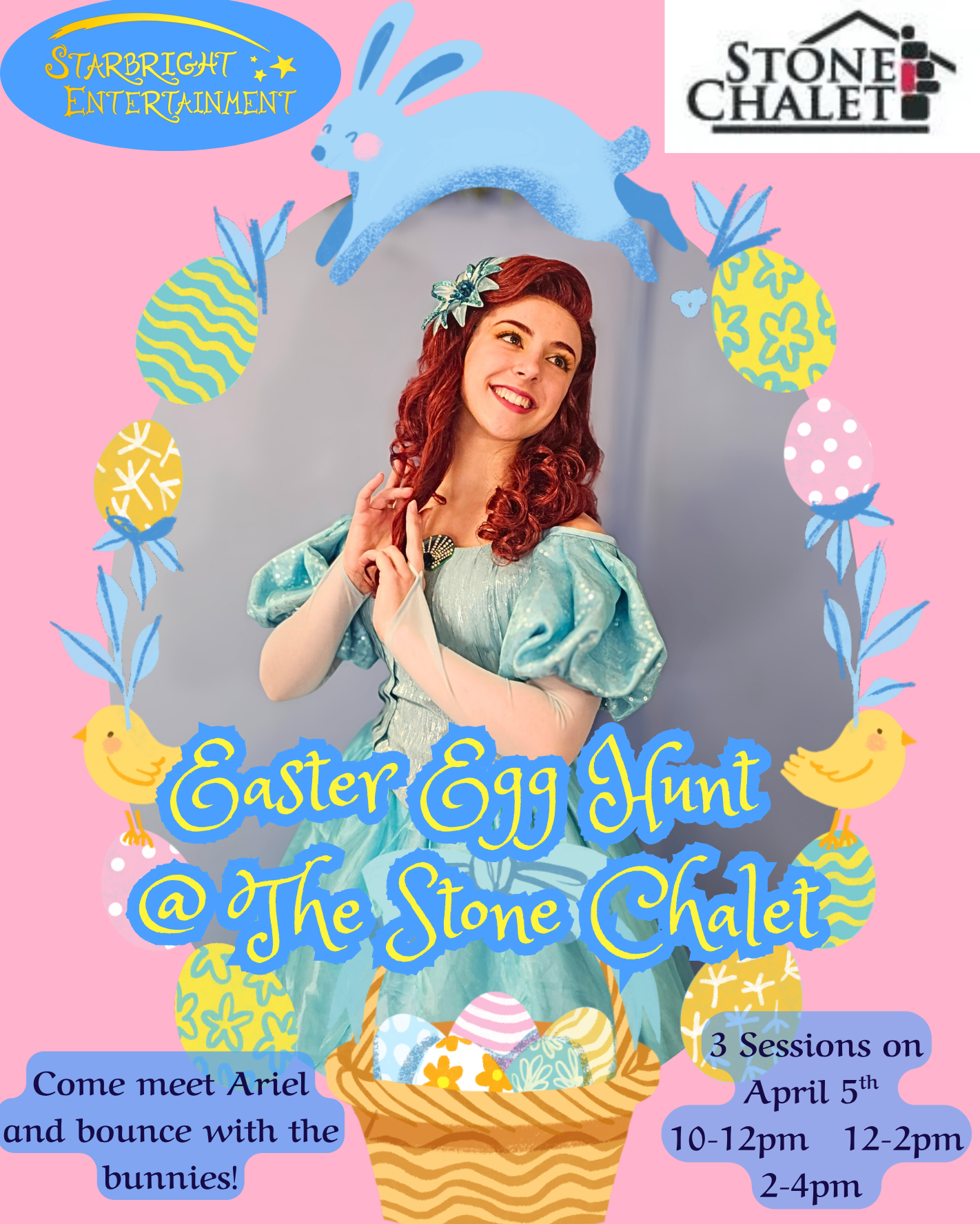 Ariel inside of an Easter Basket promoting Stone Chalet's Easter Egg Hunt Event in Ann Arbor Michigan. There are three sessions, April 5th from 10-12pm, 12-2pm and 2-4pm