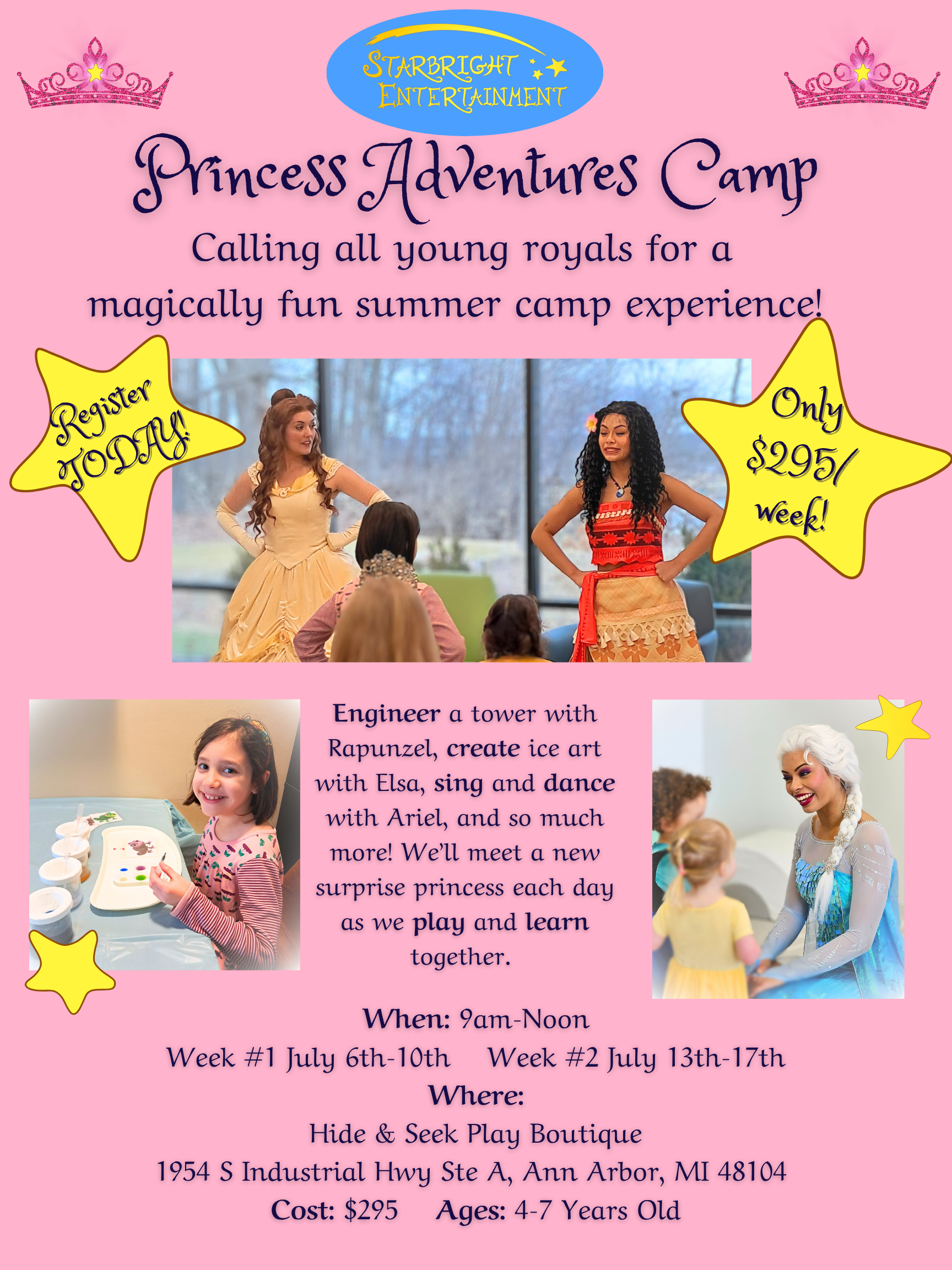 Princess Adventures Summer Camp with Starbright Entertainment featuring photos of Belle, Moana, Elsa, kids dancing and doing crafts