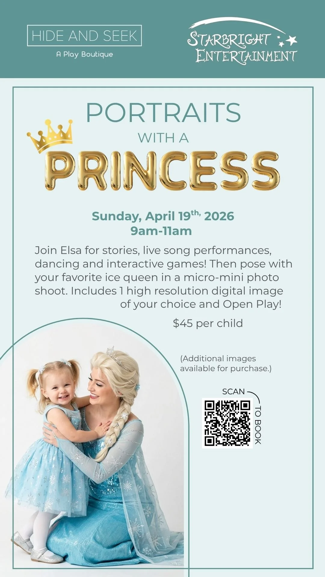 Elsa and a child promoting the Portraits with a Princess Event at Hide and Seek Ann Arbor Michigan event on April 19th from 9-11am