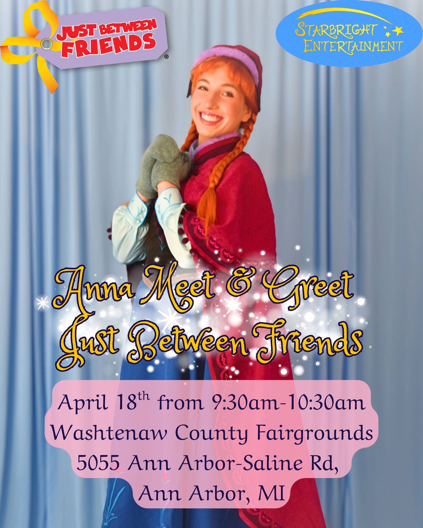 Anna from Frozen will be at the Just Between Friends Sale in Ann Arbor Michigan from 9:30am-10:30am on April 18th for a Meet & Greet