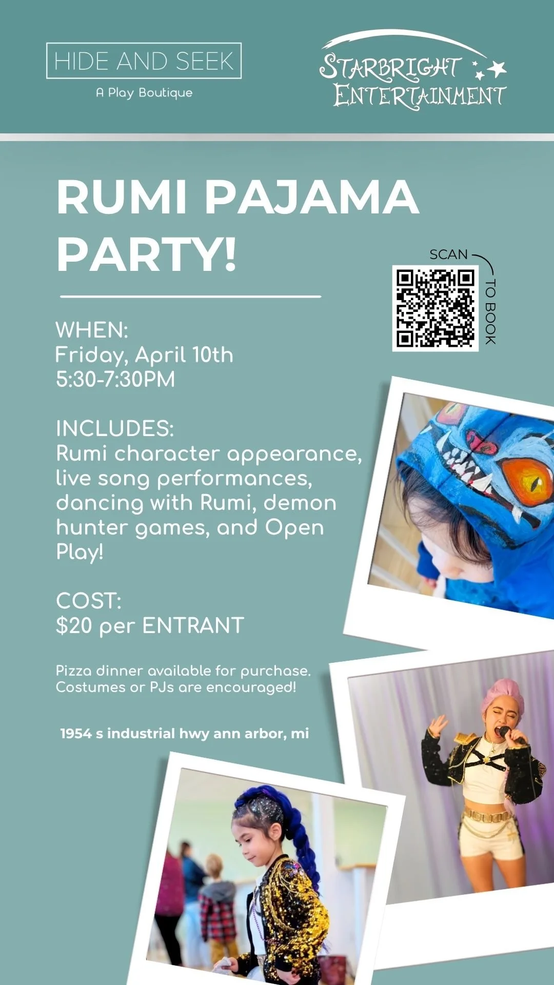 Rumi from Kpop Demon Hunters on Netflix is hosting a pajama party at Hide and Seek Ann Arbor, Michigan on Friday April 10th from 5:30pm-7:30pm. She will sing, dance and play games and children will be able to play in Hide and Seek's playroom