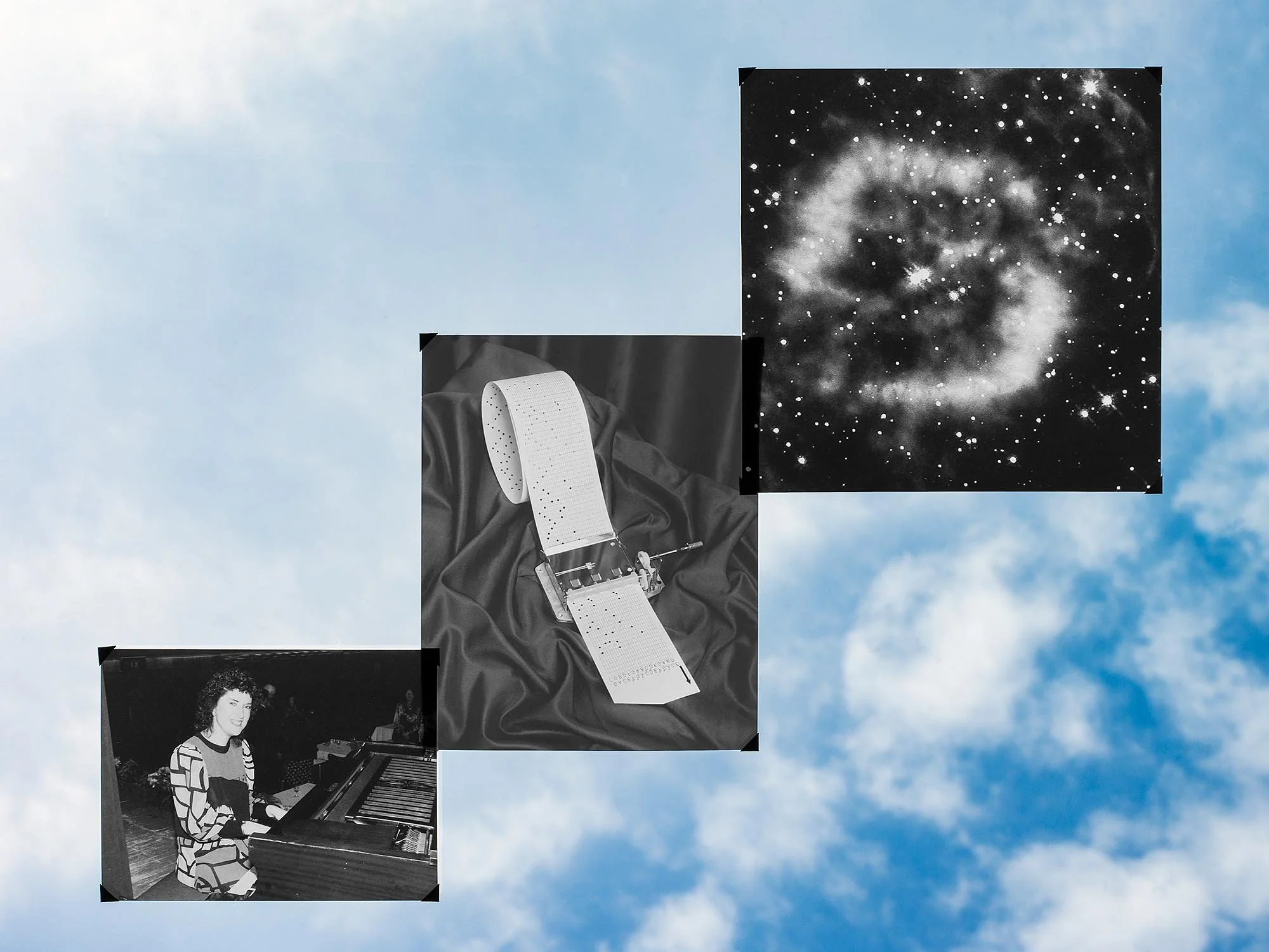 Collage of three black and white photographs on a blue sky background. The top right photo is of a galaxy or nebula in space. The middle left photo shows a vintage mechanical device with perforated tape, possibly a computer component, on a dark fabri