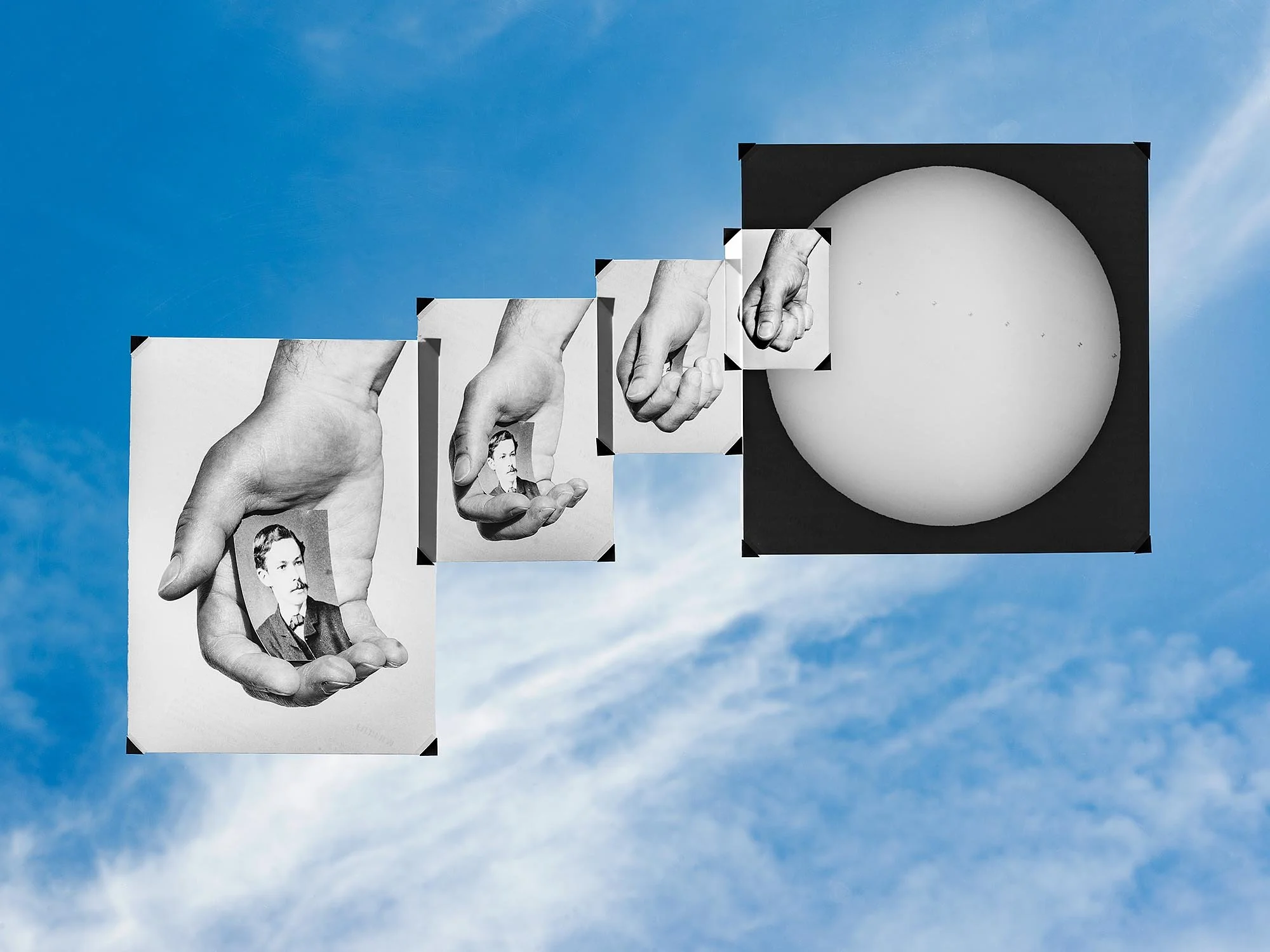 A surreal collage of black and white photos of hands, each holding a small portrait of a man, moving toward a large white sphere against a blue sky with clouds.