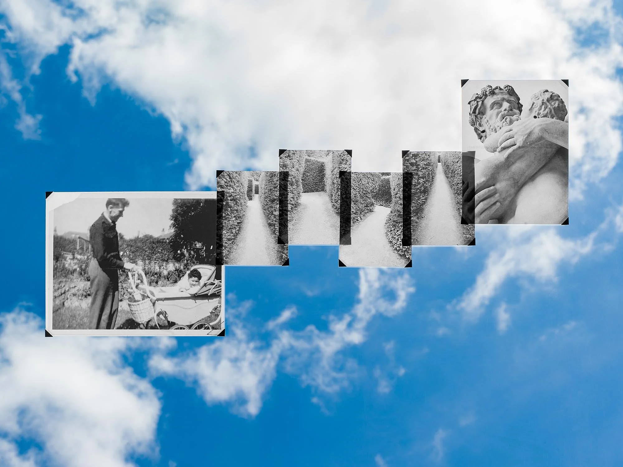 Black and white images of a young man pushing a baby in a stroller, a pathway bordered by hedges, and a close-up of a classical stone sculpture showing two figures embracing, set against a blue sky with clouds.