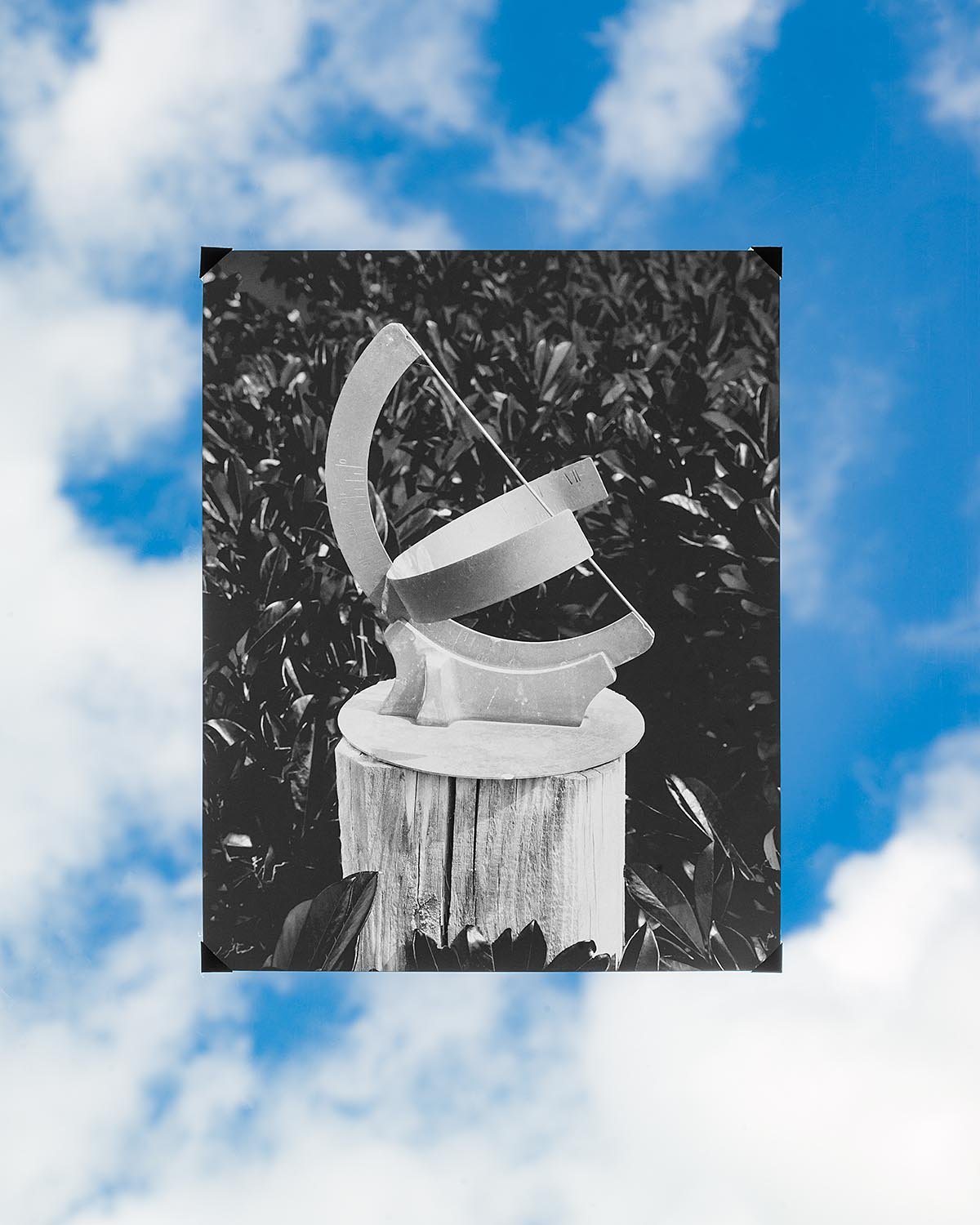 Black and white photo of a sundial sculpture on a tree stump against a background of bushes.