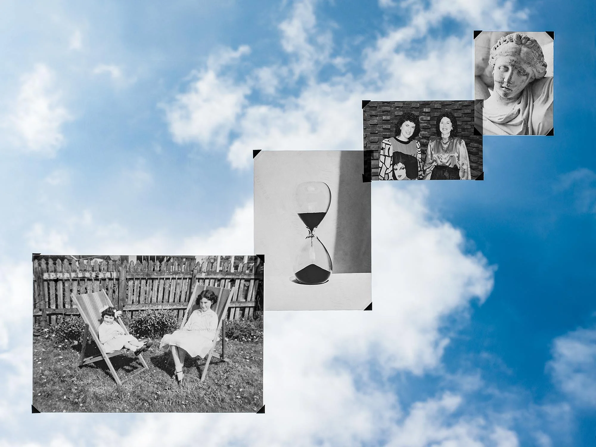 Collage of four black and white photographs floating in a blue sky with clouds, including children sitting outside, two women with short curly hair, a classical marble sculpture of a woman, and an illustration of an hourglass.