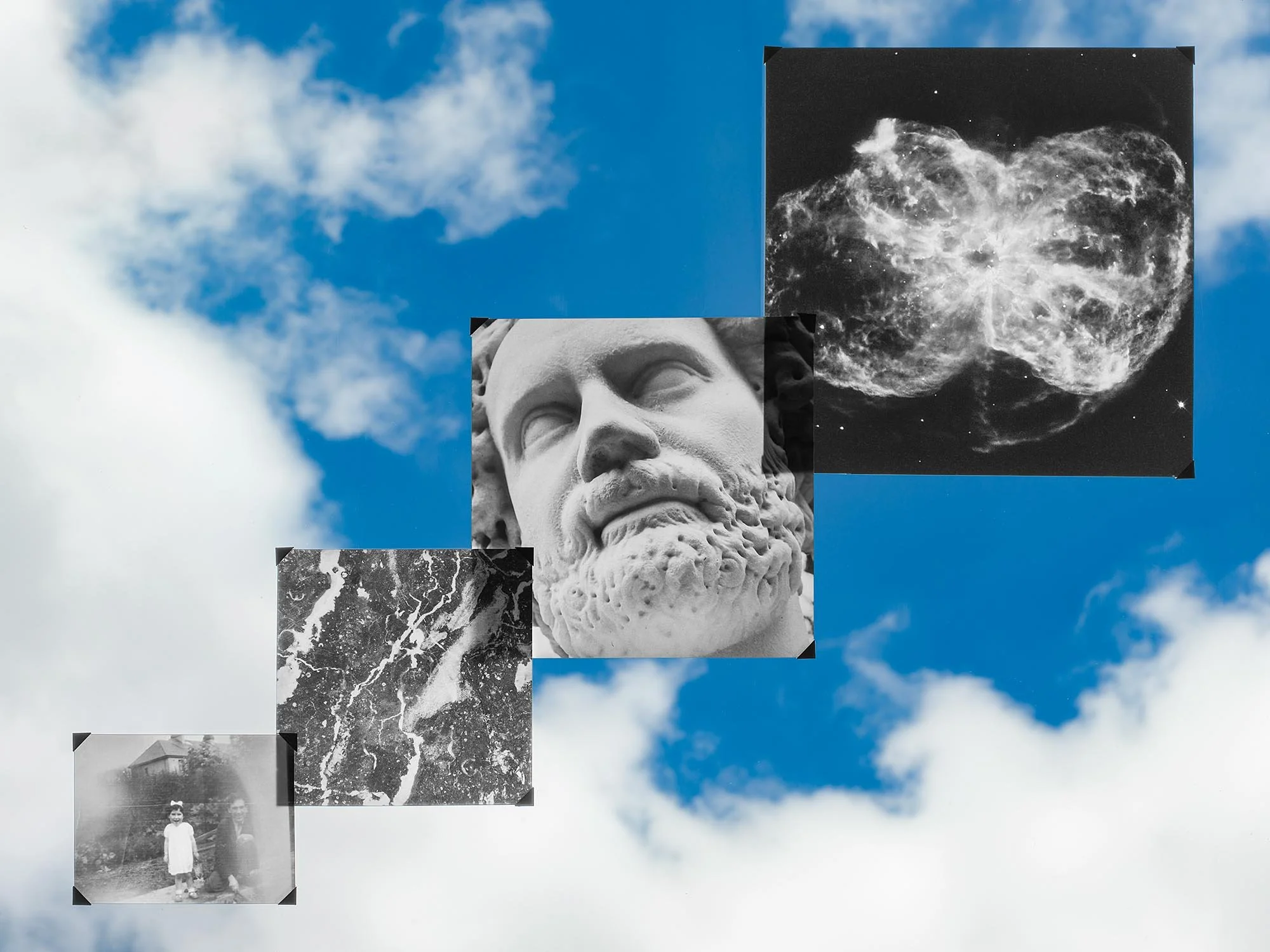 Collage of five black and white photos displayed against a blue sky with clouds. The collage includes a close-up of a marble bust of a bearded man, an image of a galaxy or nebula, a photo of a marbled surface, and a vintage photo of two children stan