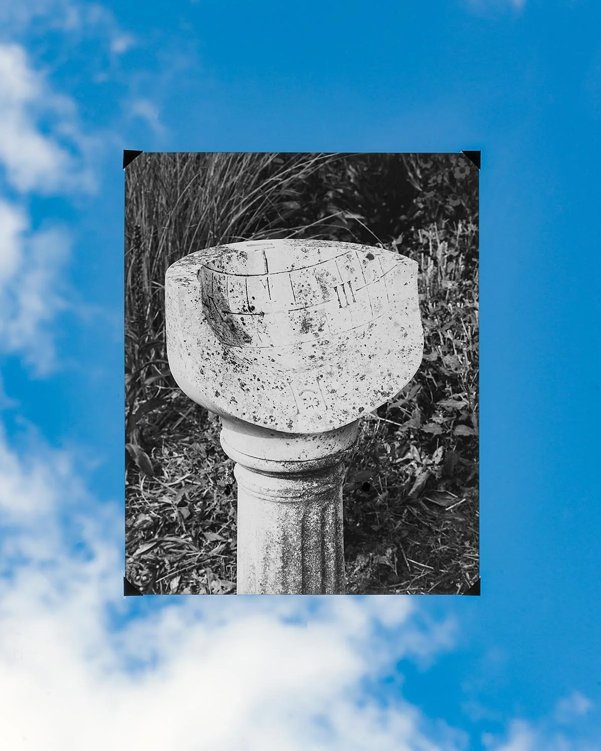Black and white photo of an old sundial monument with Roman numerals, on a stone pedestal, surrounded by grass and foliage.
