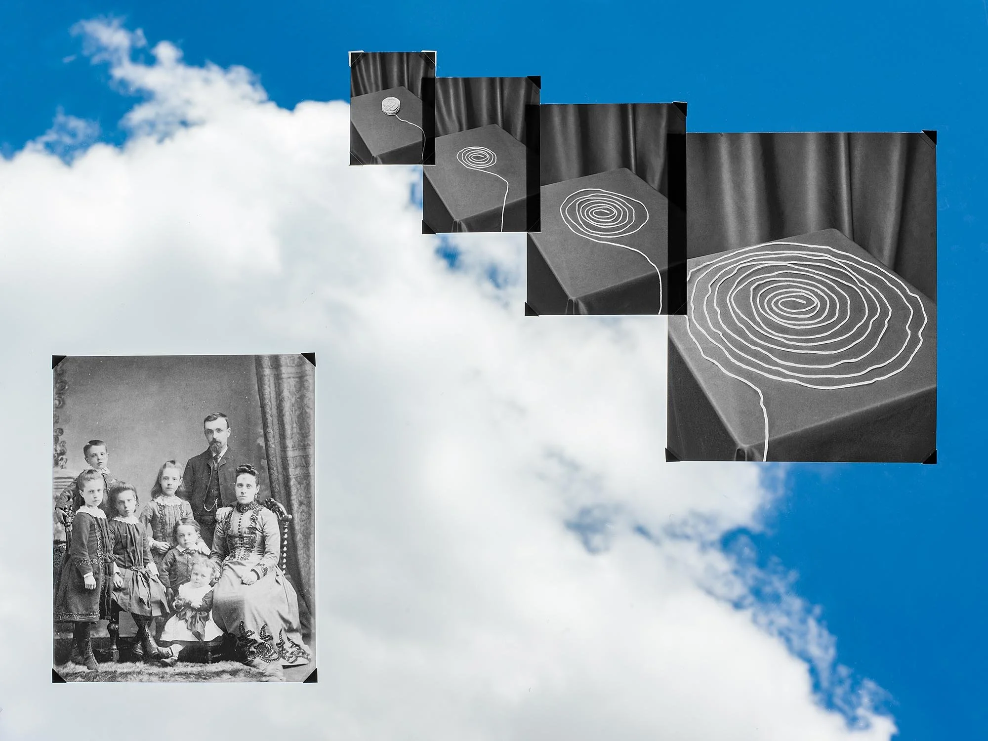 A collage of black and white photo of a family from the 1800s with a modern artistic cloud background featuring five black boxes connected by white circles.