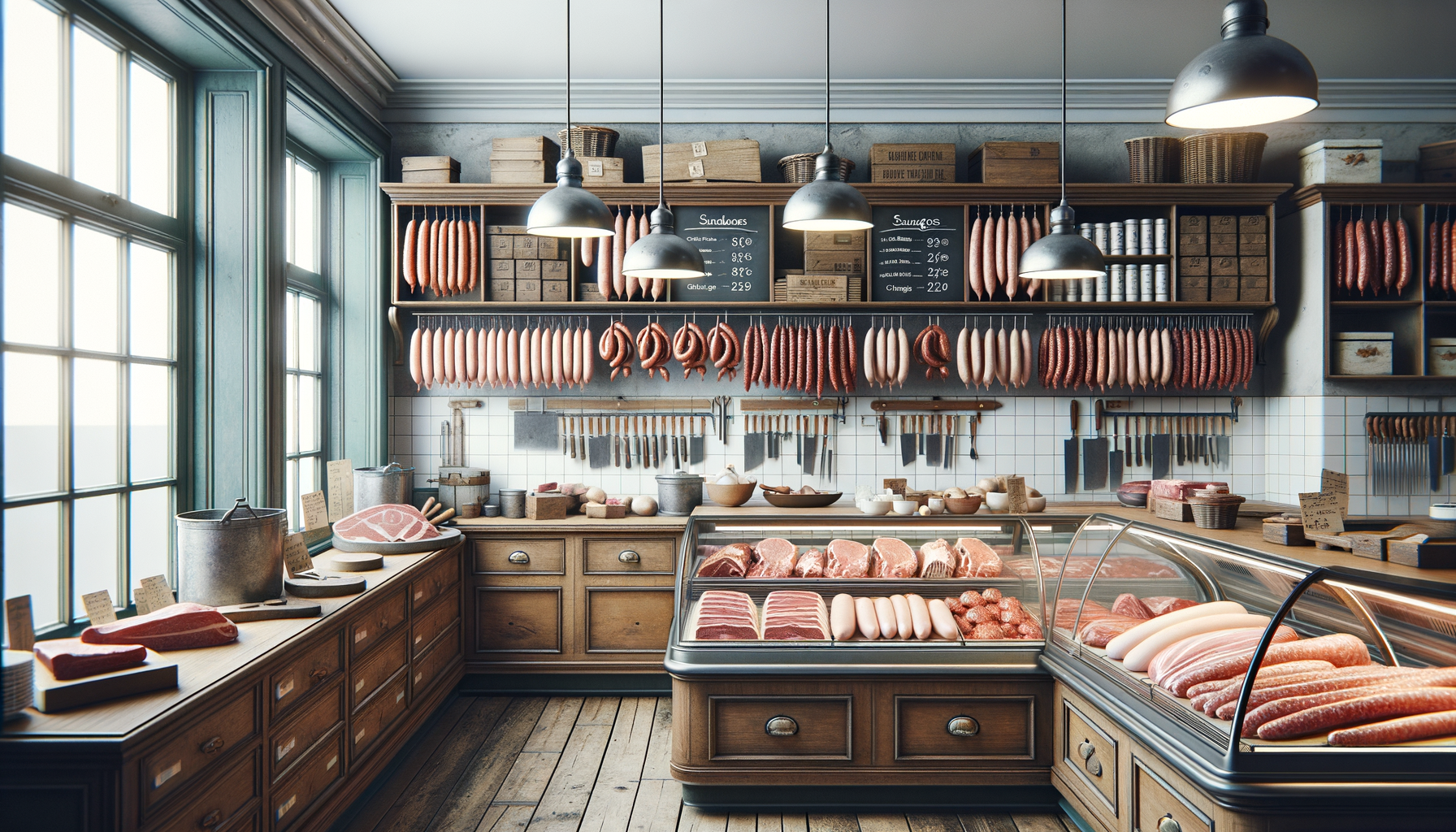 Interior of a butcher shop with various cuts of meat displayed, sausages hanging from the ceiling, and shelves of meat products. There are large windows on the left, wooden furniture, and lighting fixtures overhead.