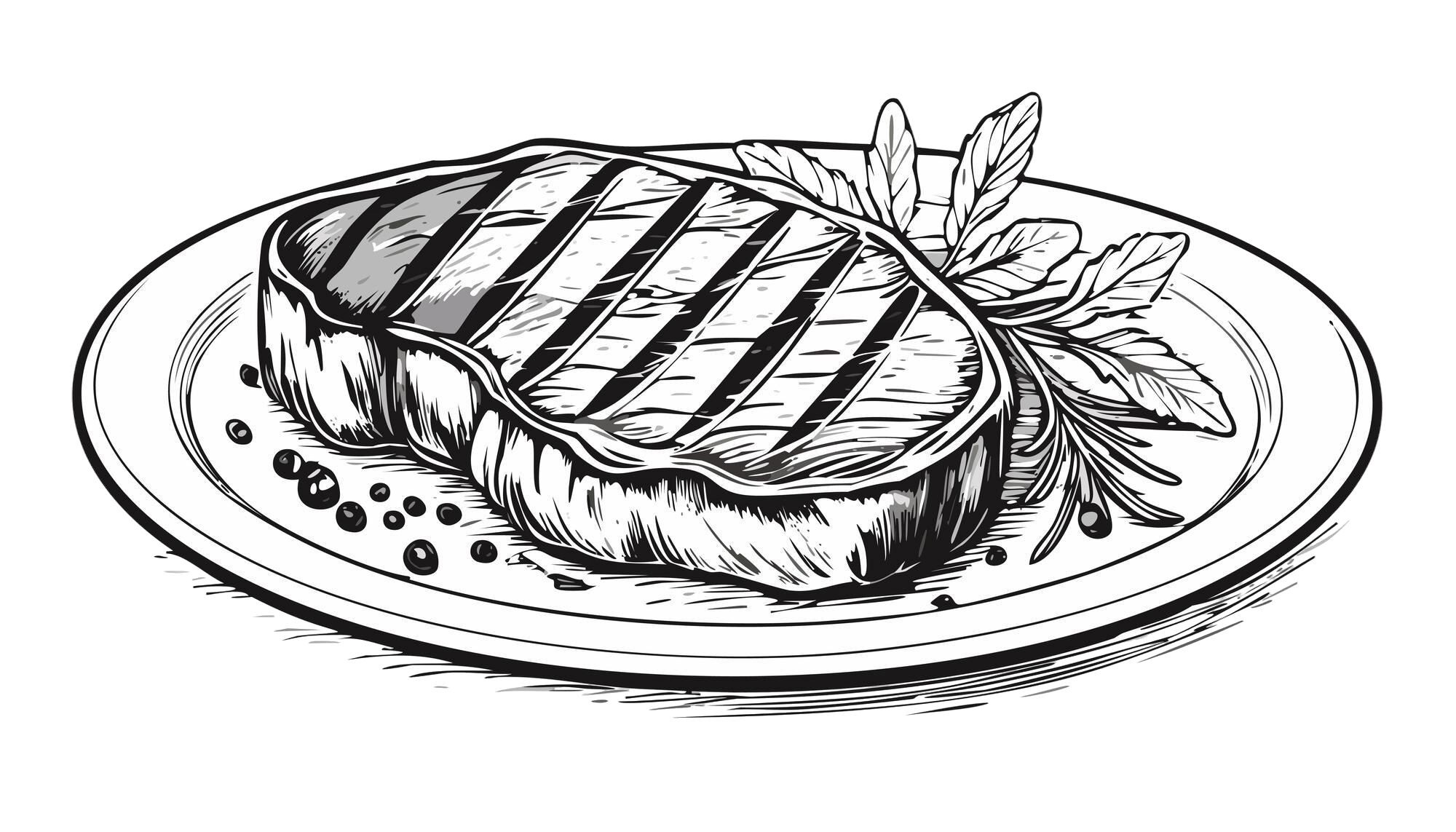 A grilled steak on a plate garnished with herbs and peppercorns.