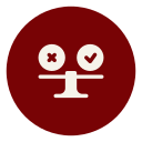 Minimalist icon of a face with one eye as a check mark and the other as a cross, on a red circular background.