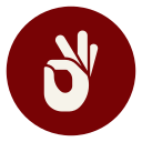 White hand making the OK gesture on a red circular background.