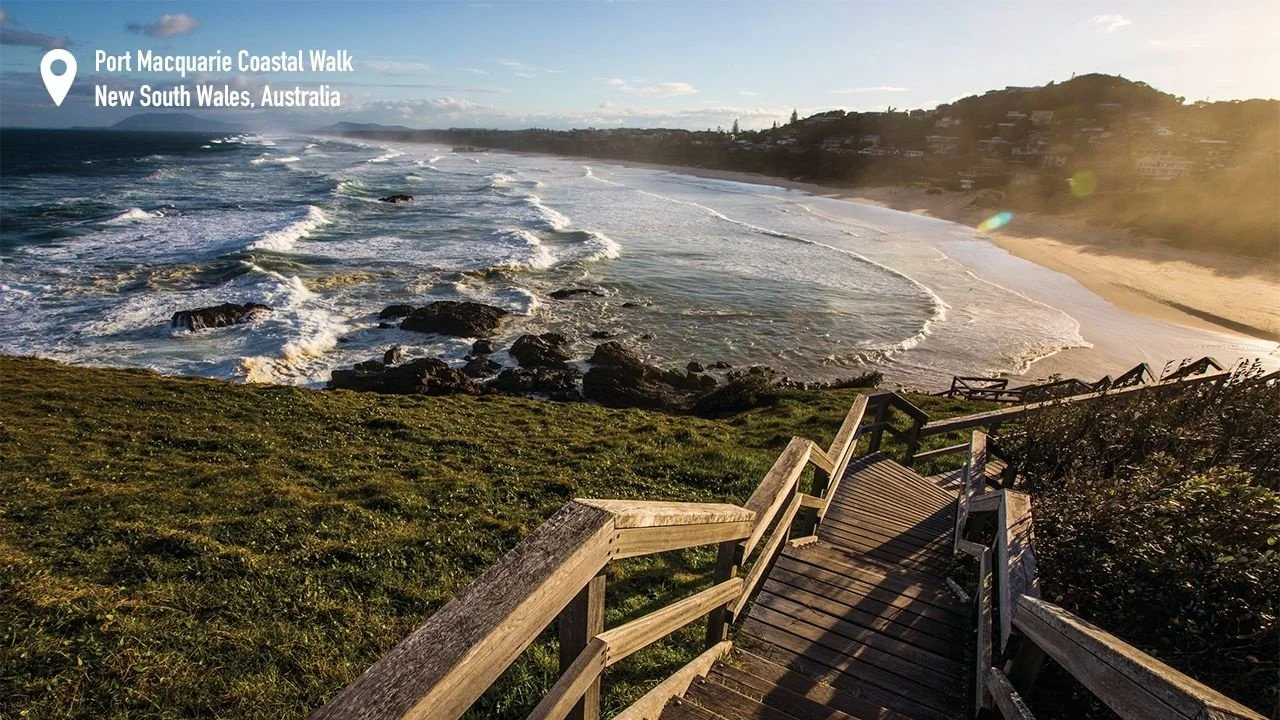Aerial view of Port Macquarie Coastal Walk in New South Wales, Australia, showing a beach with waves, rocks, and a grassy hill with stairs and a pathway leading to the shore.