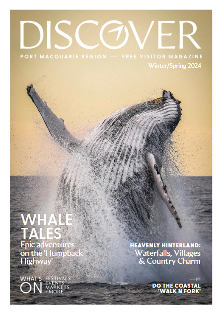Magazine cover titled 'Discover' featuring a large whale breaching out of the water, with water splashing around it, on a sunset background.