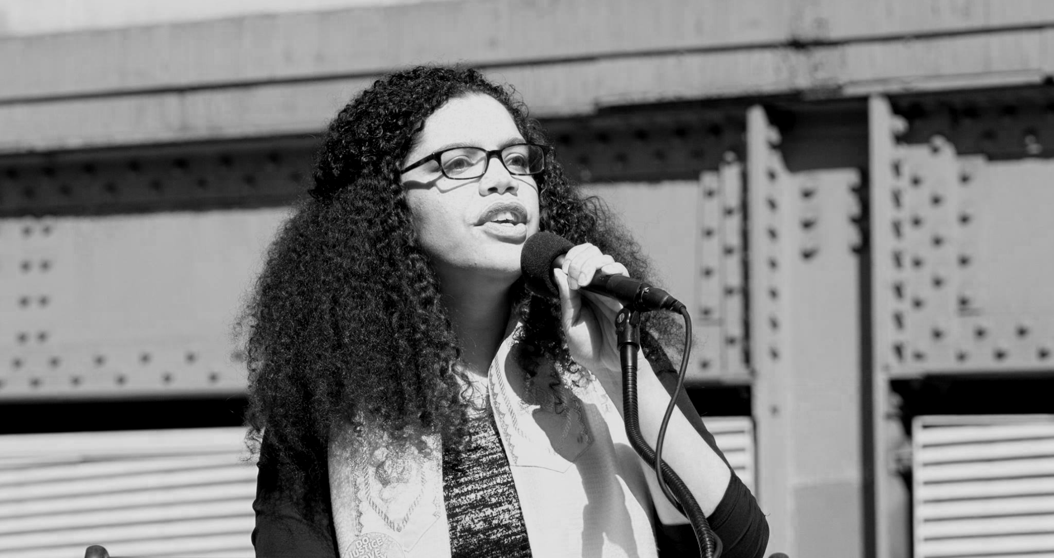 April N. Baskin speaking at the March for Racial Justice in 2018