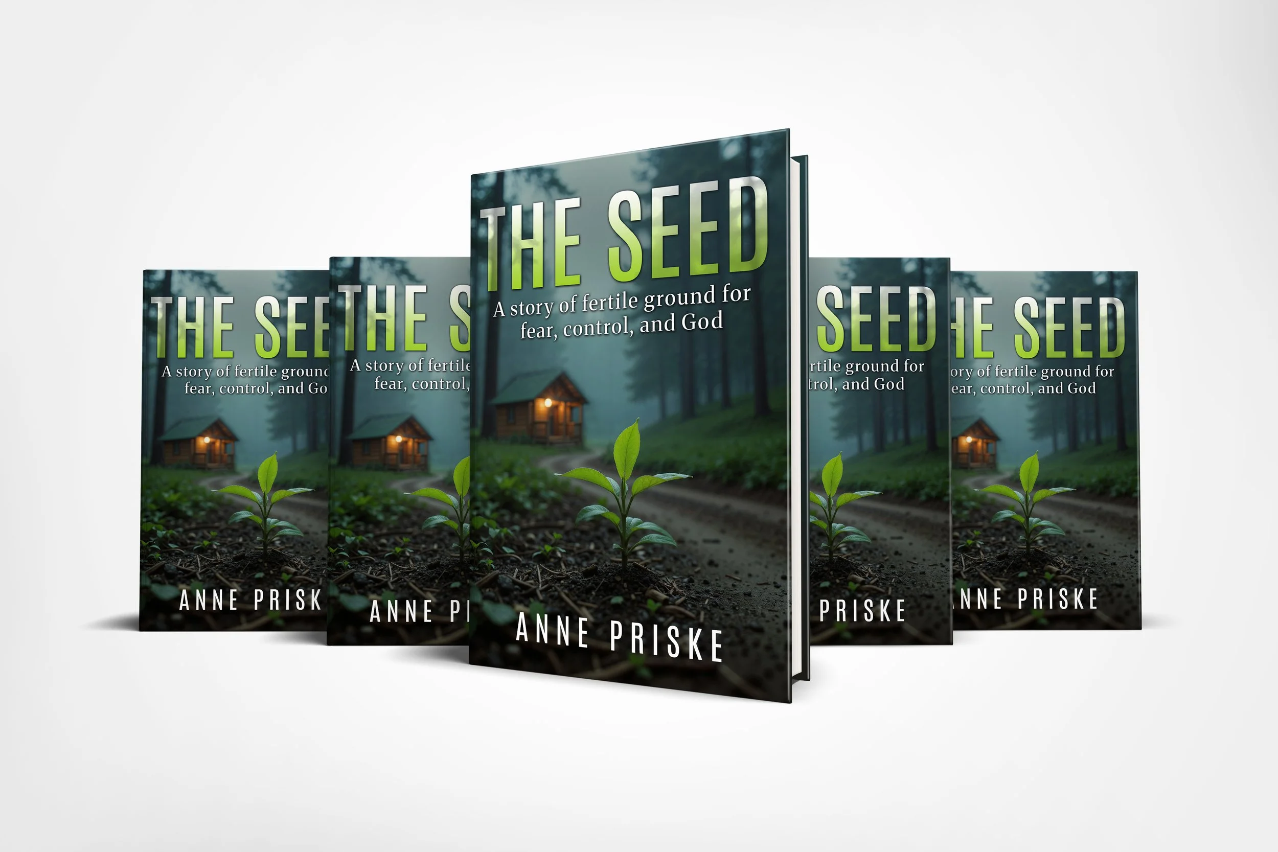 Multiple copies of a book titled 'The Seed' with a cover image of a sprouting plant, a small house, and a background of trees in a foggy forest, authored by Anne Priske.
