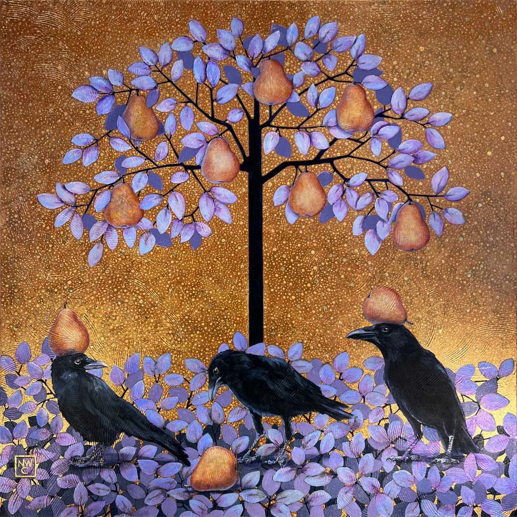 Balancing Act, acrylics, metal leaf, molding paste on canvas, 36" x 36", 2024